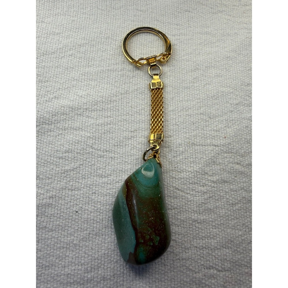 Vintage 70s Gold Milanese Mesh Tumbled Chrysocolla Jasper Gemstone Keychain